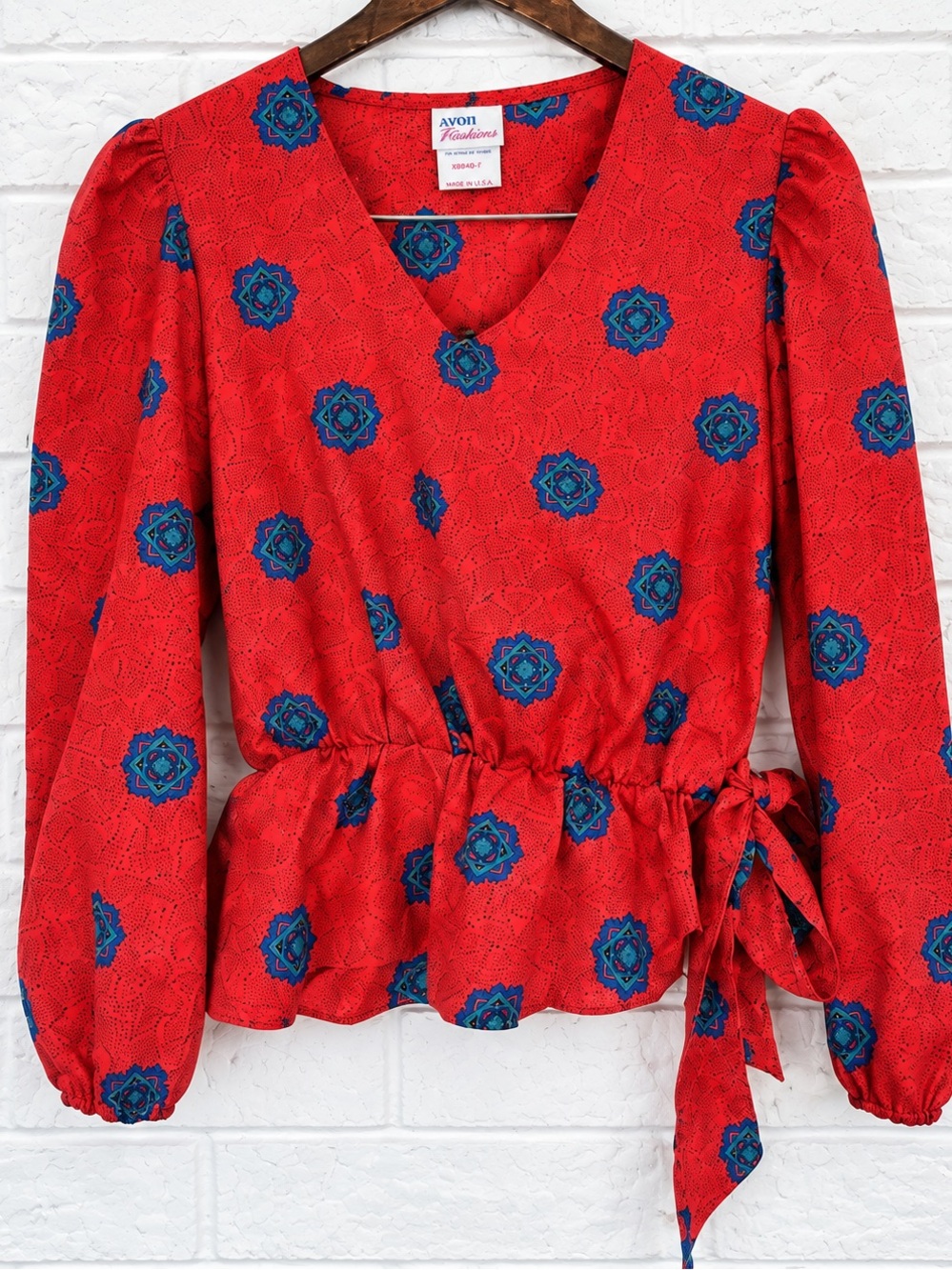 Vintage 80s Avon Fashions Red Wrap Blouse Size 9/10 Puff Sleeve Peplum Top